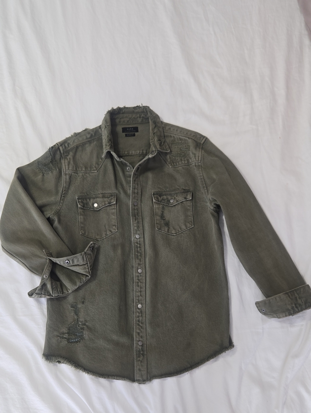 Zara Distressed Olive Green Men's Denim Jacket